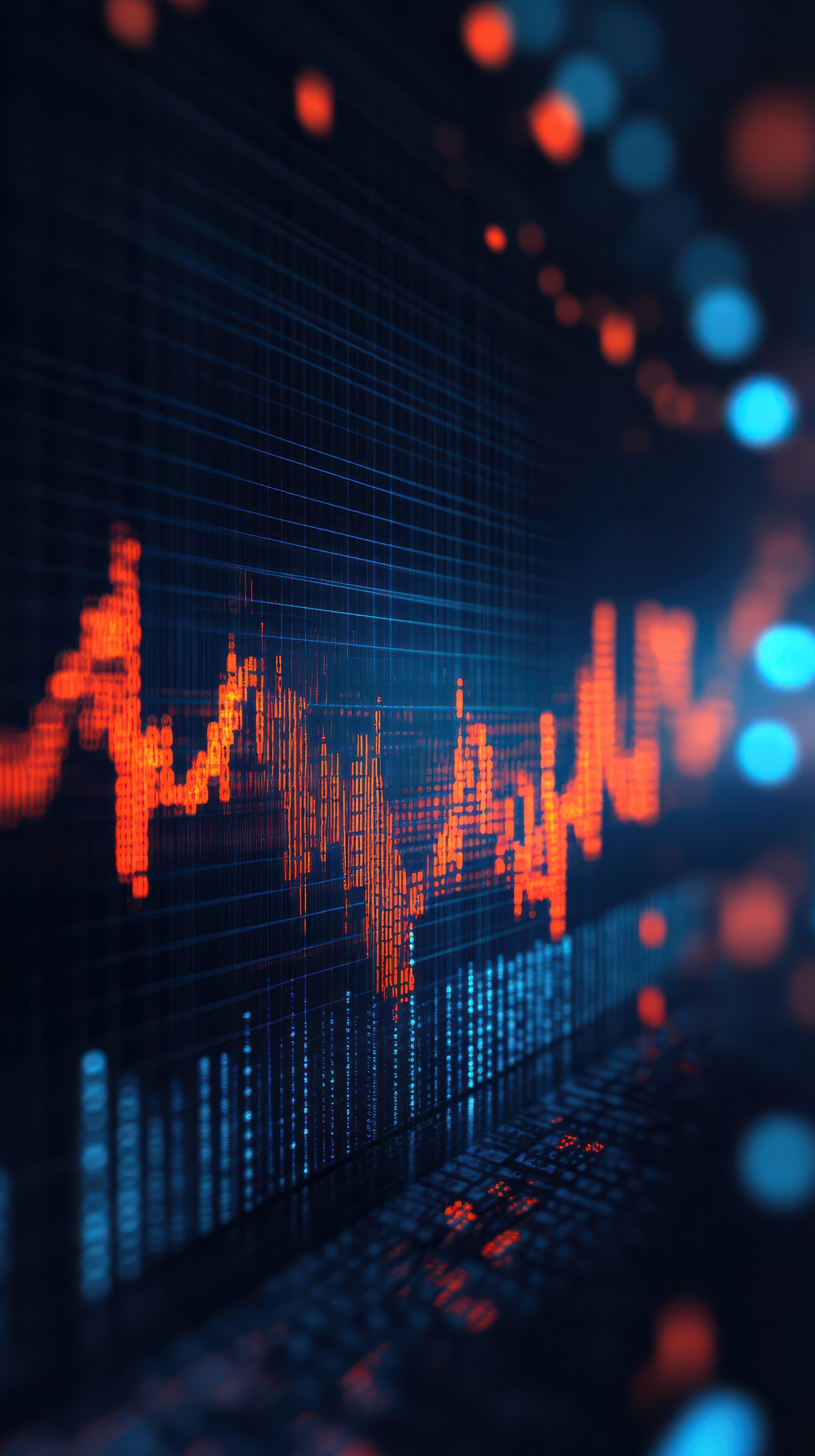 Colorful digital graph displaying fluctuating data in a modern abstract design during a nighttime setting